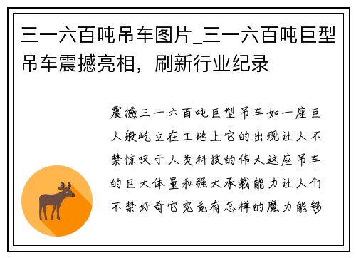 三一六百吨吊车图片_三一六百吨巨型吊车震撼亮相，刷新行业纪录